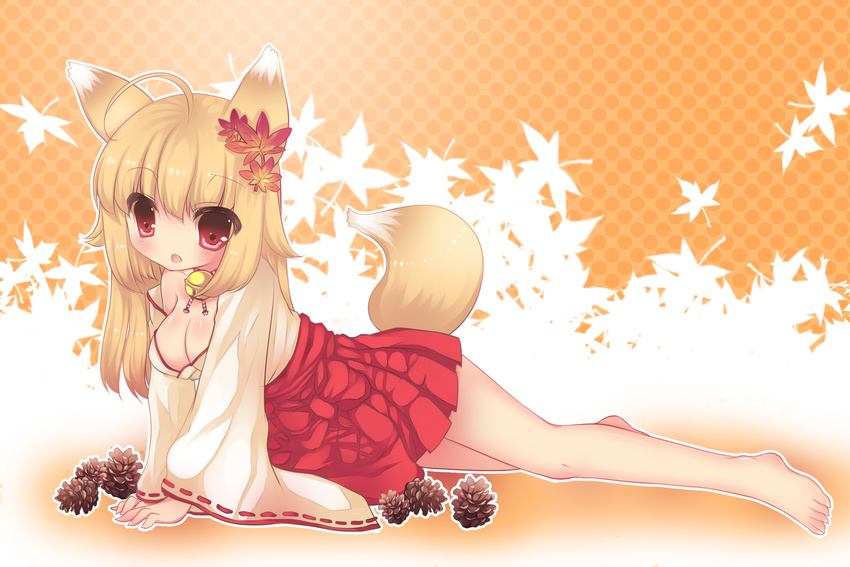 animal_ears autumn bad_id bad_pixiv_id barefoot blonde_hair breasts cleavage fox_ears fox_tail highres japanese_clothes leaf maple_leaf medium_breasts original red_eyes short_hair solo tail usagihime