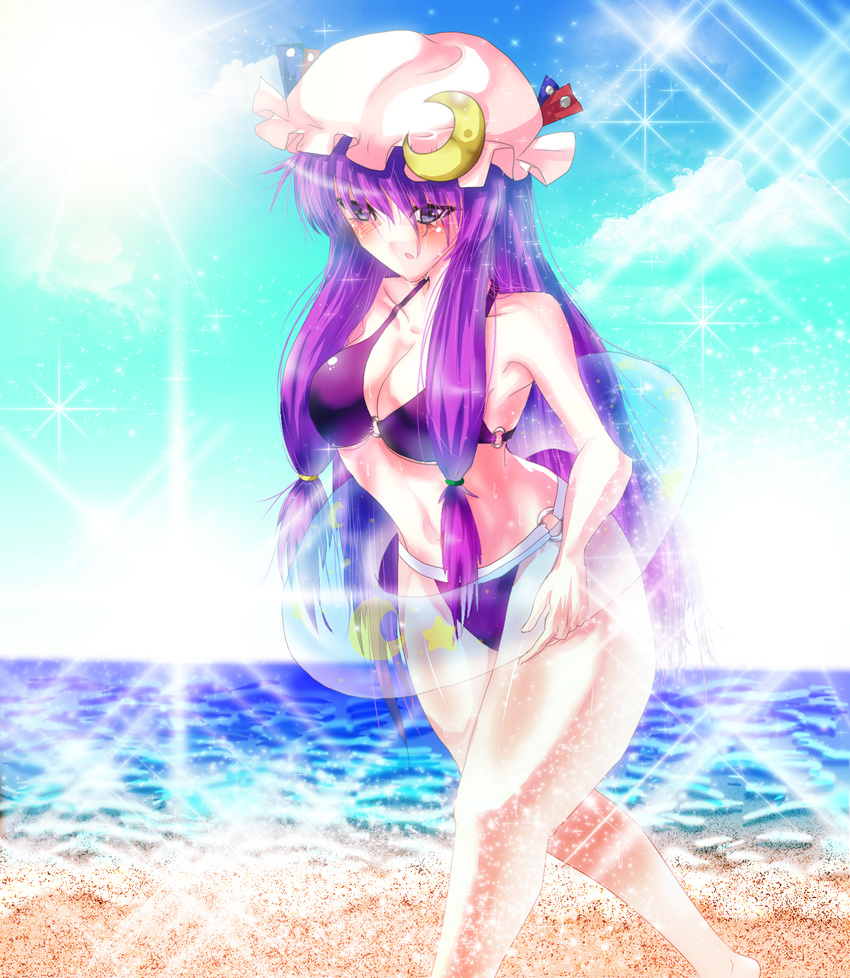 bad_anatomy bad_id bad_pixiv_id beach bikini day hat highres innertube long_hair patchouli_knowledge purple_eyes purple_hair solo sousakubito swimsuit touhou