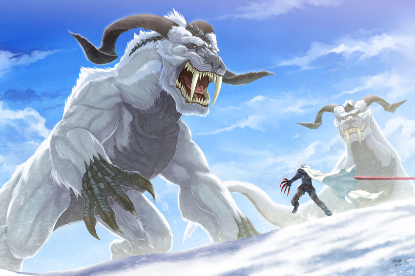 battle blurry cape charging claw_(weapon) claws depth_of_field dragon facing_away fang highres horns landscape monster nature original signature sky snow weapon white_cape white_hair zhen_lu