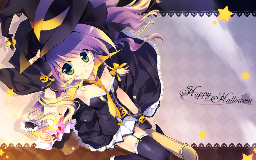 black_legwear broom broom_riding fingerless_gloves garter_belt gloves green_eyes halloween happy_halloween hat highres jack-o'-lantern looking_up necktie original pumpkin purple_hair rei_(rei's_room) smile solo star thighhighs wallpaper witch_hat