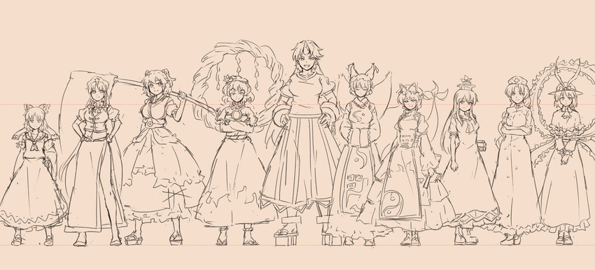 bad_id bad_pixiv_id hakurei_reimu height_chart hong_meiling horn hoshiguma_yuugi kamishirasawa_keine lineup monochrome multiple_girls nagae_iku onozuka_komachi shibasaki_shouji touhou yagokoro_eirin yakumo_ran yakumo_yukari yasaka_kanako