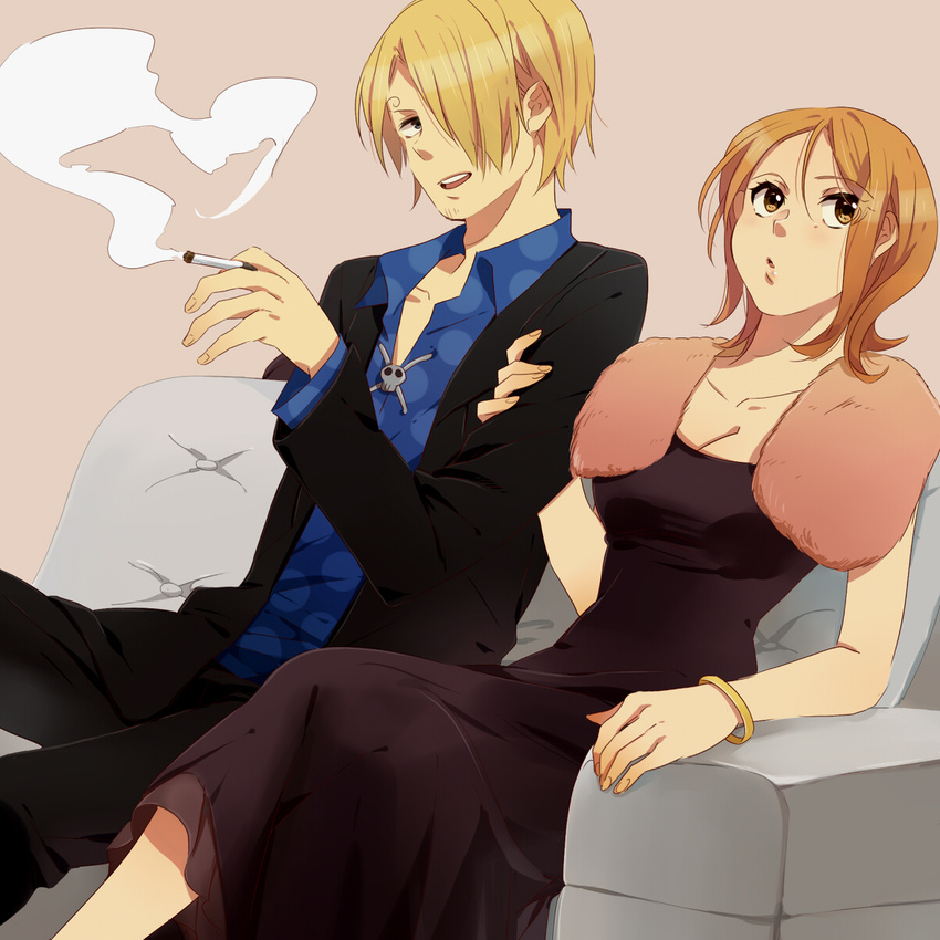 1girl arm_grab bangle black_eyes blonde_hair bracelet breasts brown_eyes cigarette cleavage couch couple dress formal hair_over_one_eye hetero highres jewelry karuha large_breasts nami_(one_piece) one_piece one_piece:_strong_world orange_hair sanji short_hair sitting skull smoking suit