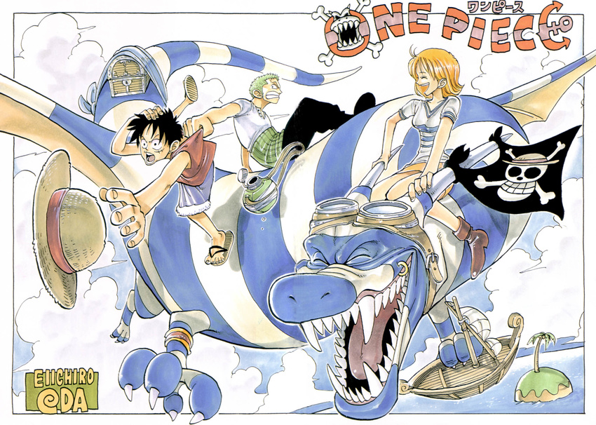 1girl 2boys black_hair black_pants boat border clenched_teeth cloud copyright_name cover cover_page dragon female flying goggles grabbing green_hair haramaki hat hat_removed headwear_removed highres island jolly_roger monkey_d_luffy multiple_boys nami nami_(one_piece) ocean oda_eiichirou official_art one_piece orange_hair outdoors pants piercing pirate pirate_flag red_vest riding roronoa_zoro scar scenery sharp_teeth shirt shorts signature signed smile straw_hat striped striped_shirt teeth title_drop treasure_chest vest white_shirt