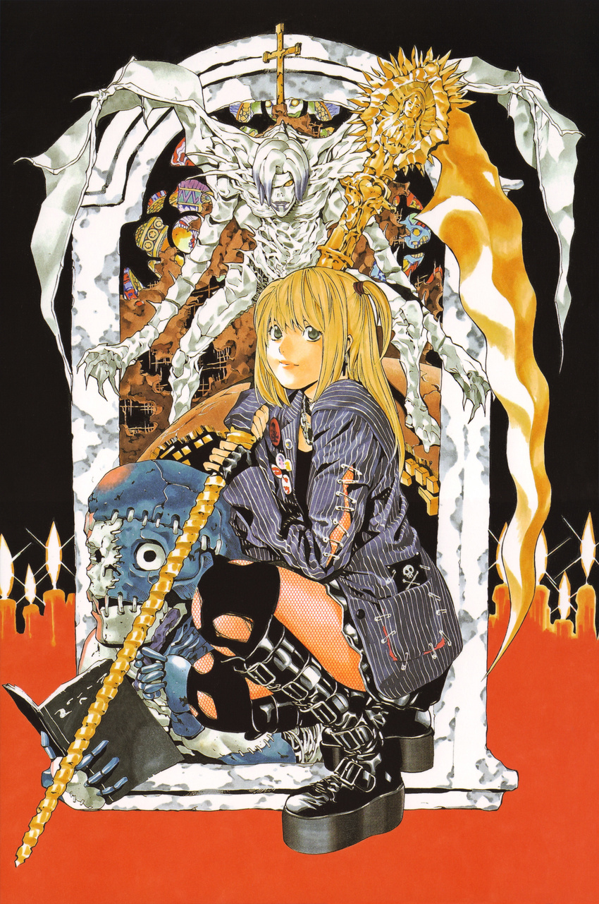 absurdres amane_misa bangs blonde_hair book boots candle death_note death_note_(object) fingerless_gloves fishnet_pantyhose fishnets gloves green_eyes highres holding jealous_(death_note) long_hair obata_takeshi official_art pantyhose rem_(death_note) scan scythe shinigami thighhighs two_side_up