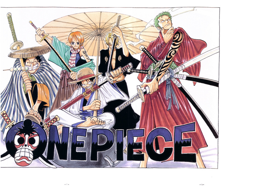 1998 1girl 4boys barefoot black_hair blonde_hair cape cigarette color_spread colorspread copyright_name cover cover_page female food green_hair hair_over_one_eye haramaki hat highres indian_style japanese_clothes jolly_roger monkey_d_luffy mouth_hold multiple_boys nami nami_(one_piece) oda_eiichiro oda_eiichirou official_art one_piece orange_hair roronoa_zoro sandals sanji scabbard scarf sheath sheathed_sword sitting smile smoking standing straw_hat sword tattoo teeth title_drop usopp weapon white_background