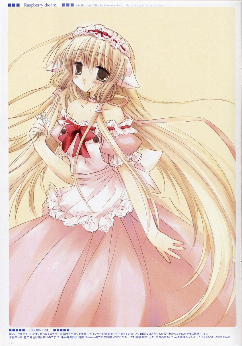 apron artbook bangs bare_shoulders blonde_hair blush bow brown_eyes chii chobits choker commentary copyright_name dress english flower gown hairband highres holding lolita_hairband long_hair off_shoulder parted_lips pink_dress pink_ribbon puffy_short_sleeves puffy_sleeves red_bow red_ribbon ribbon ribbon_choker robot_ears sakurazawa_izumi scan short_sleeves solo very_long_hair waist_apron