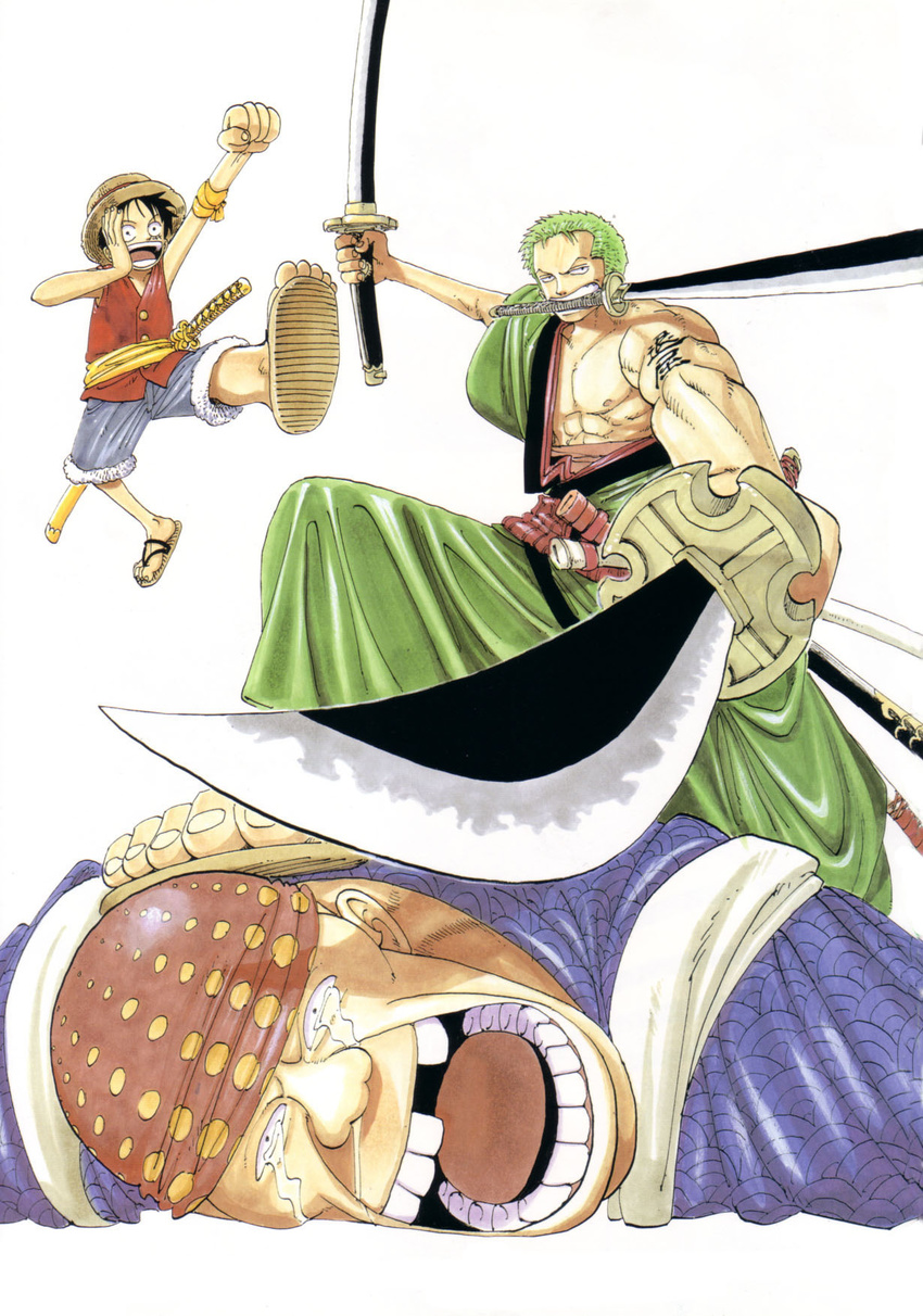 3boys crying dual_wielding green_hair haramaki hat highres japanese_clothes male male_focus monkey_d_luffy mouth_hold multiple_boys muscle oda_eiichiro oda_eiichirou official_art one_piece red_vest robe roronoa_zoro sandals sash shorts simple_background smile straw_hat sword tattoo triple_wielding vest weapon white_background