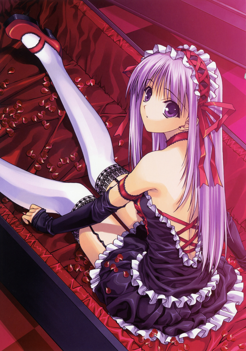 absurdres arm_garter arm_warmers armband bonnet copyright_request garter_belt gloves gothic_lolita hairband highres huge_filesize lolita_fashion maid mary_janes petals purple_eyes purple_hair ribbon shoes sitting skirt solo suzuhira_hiro thighhighs