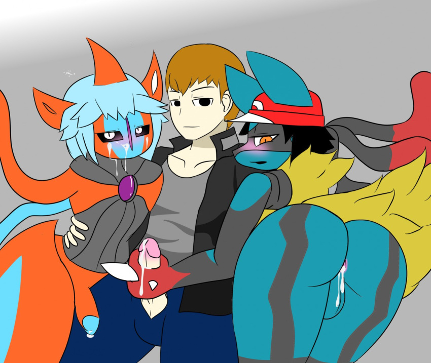anthro anthrofied anus backsack balls big_butt black_fur black_hair black_sclera blue_fur blue_hair blush brown_hair butt canid canine canis clothed clothing cum cum_from_ass cum_on_face cum_on_hand cum_on_penis deoxys deoxys_(attack_form) ejaculation erection fur girly grey_background group group_sex hair handjob hat human humanoid_penis interspecies legendary_pok&eacute;mon looking_at_viewer male male/male mammal mega_evolution mega_lucario mouthless multicolored_fur nintendo nude orgasm partially_clothed penis pok&eacute;mon pok&eacute;mon_(species) pok&eacute;morph pok&eacute;philia rear_view red_eyes red_fur sex simple_background slit_pupils smile threesome tonytoran video_games white_eyes yellow_fur