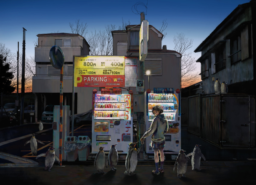 1girl bird black_hair building car crown from_behind full_body ground_vehicle highres hironoshousei hood hood_down long_sleeves mirror motor_vehicle original outdoors penguin pleated_skirt shoes short_hair skirt standing trash_can tree twilight vending_machine