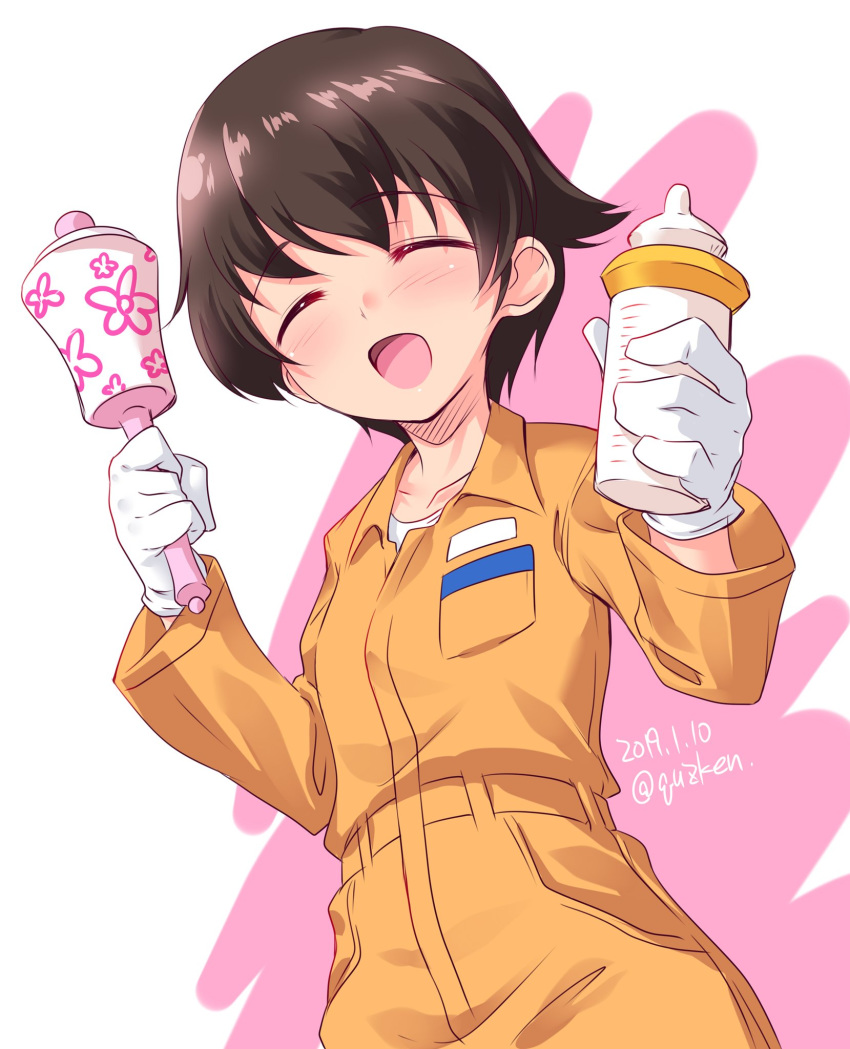 1girl :d baby_bottle bangs blush bottle brown_eyes brown_hair commentary_request dated eyebrows_visible_through_hair facing_viewer girls_und_panzer gloves highres holding jumpsuit kuzuryuu_kennosuke long_sleeves mechanic nakajima_(girls_und_panzer) open_mouth orange_jumpsuit rattle shirt short_hair smile solo standing twitter_username uniform upper_body white_background white_gloves white_shirt