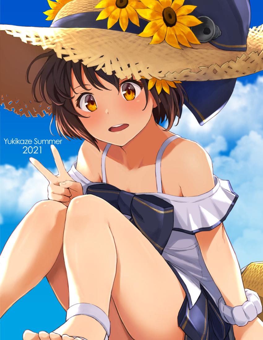 1girl 2021 bangs blue_bow blue_sky bow brown_hair character_name cloud day dress flower hat hat_flower highres kantai_collection off-shoulder_dress off_shoulder open_mouth orange_eyes outdoors short_hair sky solo straw_hat summer upper_body v watanore white_dress yellow_flower yukikaze_(kancolle)