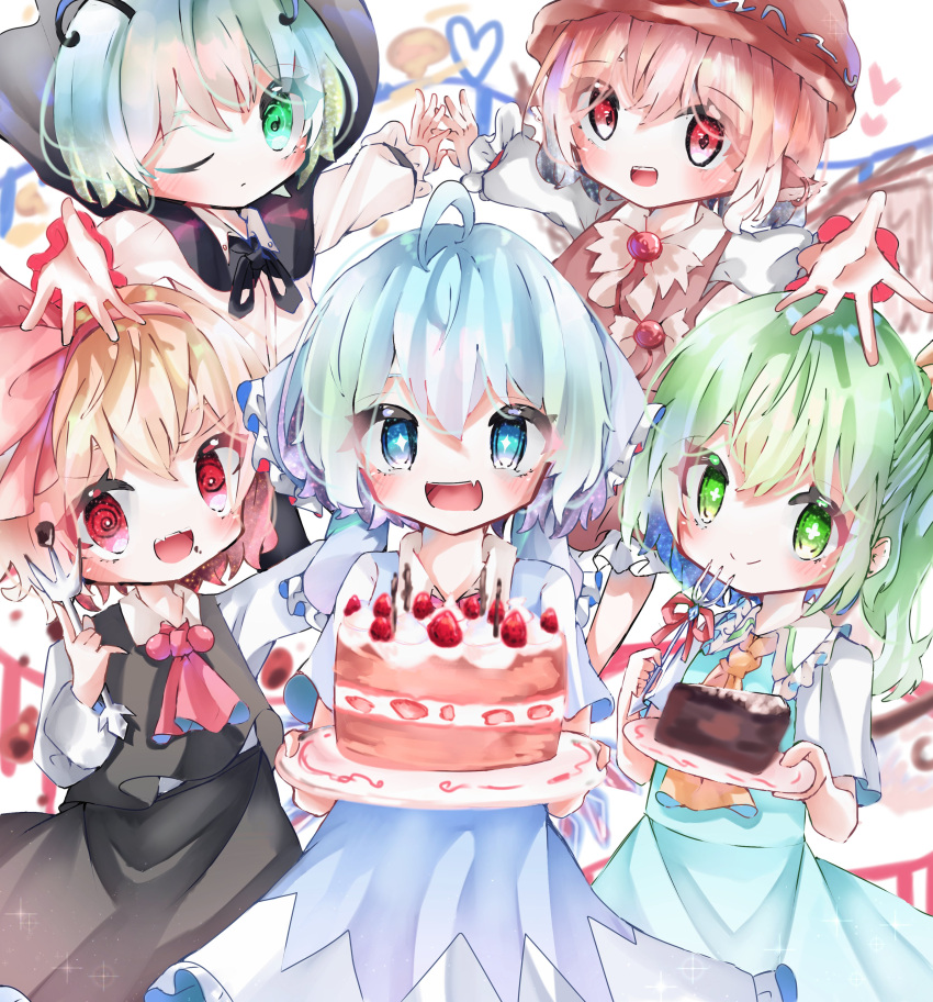 +_+ 5girls :d @_@ absurdres ahoge antennae ascot beads bird_wings black_cape black_skirt black_vest blonde_hair blue_dress blue_hair blurry blurry_background blush bright_pupils brown_dress cake cake_slice cape cirno closed_mouth commentary_request cowboy_shot daiyousei depth_of_field dress feathered_wings food foreshortening fork frills fura_(wind_rahu) green_eyes green_hair hair_between_eyes hair_ribbon happy hat heart highres holding holding_cake holding_food holding_fork long_sleeves multiple_girls mystia_lorelei one_eye_closed open_mouth outstretched_arms pinafore_dress pink_eyes reaching_out red_eyes red_neckwear red_ribbon ribbon rumia shirt short_hair skirt smile star-shaped_pupils star_(symbol) symbol-shaped_pupils team_9 touhou vest white_shirt wing_collar wings wriggle_nightbug yellow_neckwear