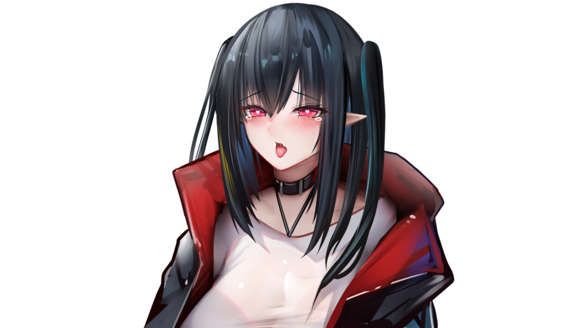 1girl arknights bangs binggong_asylum black_choker black_hair black_jacket choker closure_(arknights) commentary_request eyebrows_visible_through_hair fang hair_between_eyes halterneck heart heart-shaped_pupils highres jacket long_hair open_clothes open_jacket pink_eyes pointy_ears shirt simple_background skin_fang solo symbol-shaped_pupils tongue tongue_out upper_body white_background white_shirt