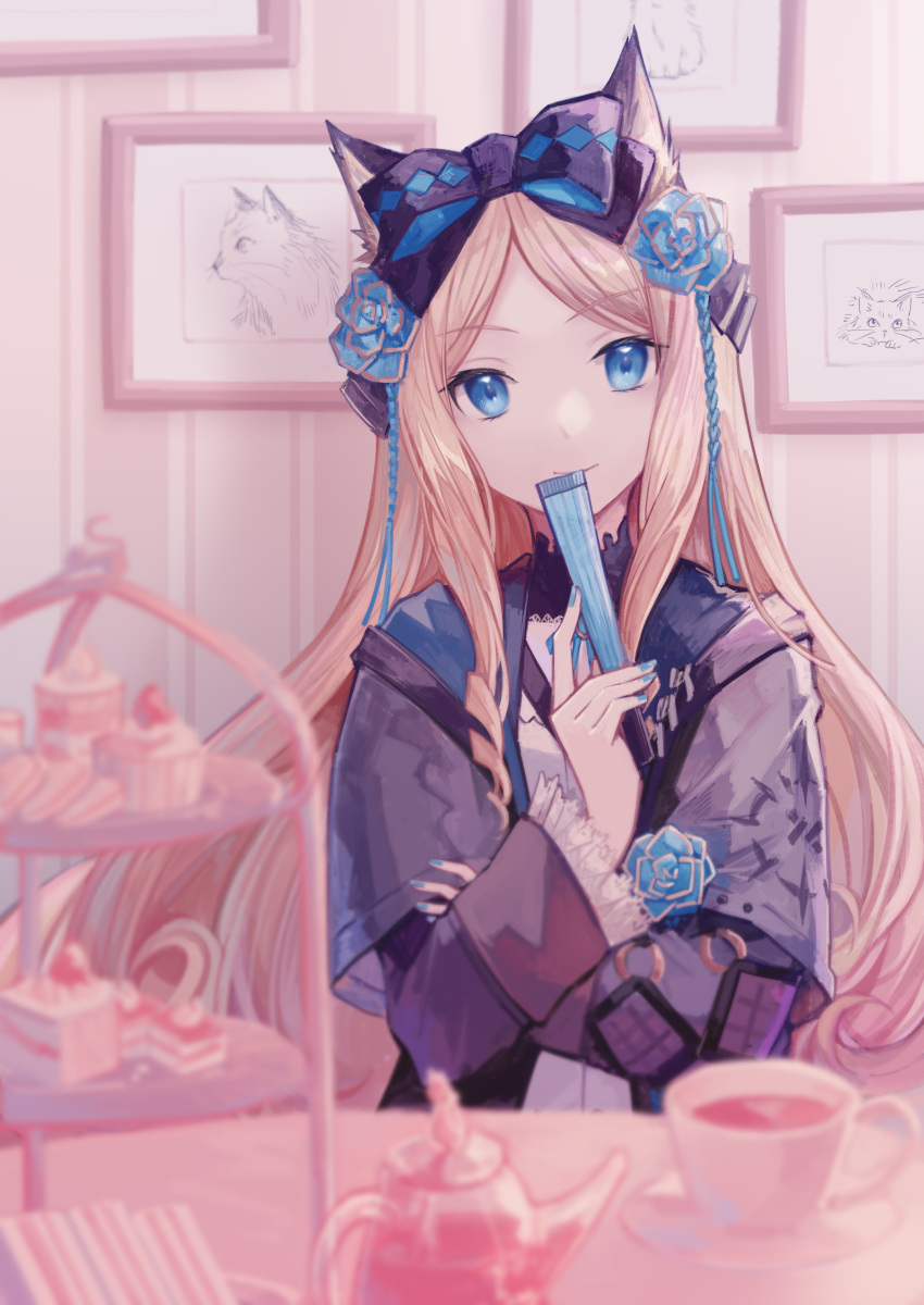 1girl absurdres animal_ears arknights black_bow black_jacket blonde_hair blue_eyes blue_flower bow cake cake_stand cat_ears commentary cup cupcake eyebrows_visible_through_hair fan_to_mouth flower folding_fan food hair_bow hair_flower hair_ornament hand_fan highres holding holding_fan indoors iris_(arknights) jacket long_hair looking_at_viewer miike_(992058) open_clothes open_jacket picture_frame sandwich saucer shirt sitting smile solo table teacup upper_body very_long_hair white_shirt