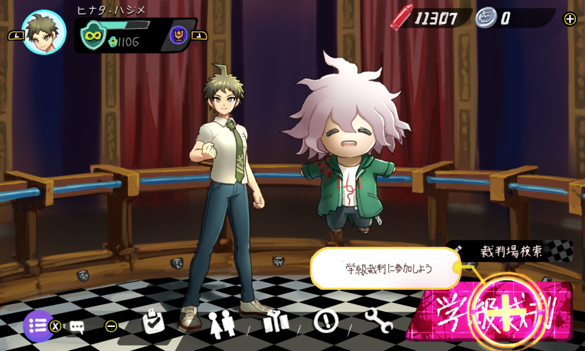 ... 2boys :d ahoge bangs brown_footwear buttons character_doll checkered checkered_floor closed_eyes coin collared_shirt commentary_request curtains danganronpa_(series) danganronpa_2:_goodbye_despair fake_screenshot green_jacket grey_hair highres hinata_hajime indoors jacket komaeda_nagito looking_at_viewer male_focus messy_hair monokuma multiple_boys necktie number open_clothes open_jacket open_mouth pants pokemon pokemon_(game) pokemon_unite print_neckwear print_shirt shiny shiny_hair shirt shoes short_hair smile speech_bubble standing symbol translation_request upper_teeth white_shirt wrench youko-shima