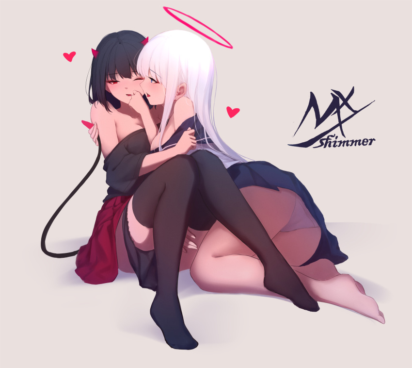 2girls absurdres angel_girl_(shimmer) artist_logo artist_name ass bangs bare_shoulders barefoot black-haired_demon_girl_(shimmer) black_hair black_legwear black_panties black_shirt blue_skirt blush breasts cleavage collarbone demon_girl demon_horns demon_tail eyebrows_visible_through_hair grey_background halo hand_on_another's_mouth hand_up heart highres holding_tail horns knees_up large_breasts long_hair looking_at_another multiple_girls off_shoulder open_mouth original panties panties_around_one_leg pleated_skirt profile red_eyes red_skirt shimmer shirt simple_background sitting skirt tail thighhighs underwear yuri