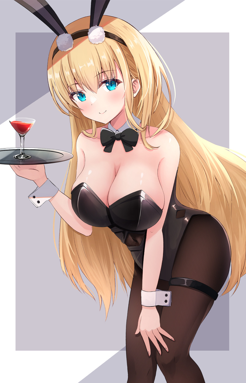 1girl animal_ears azur_lane bare_shoulders black_leotard blonde_hair blue_eyes bow bowtie breasts brown_legwear cleavage detached_collar fake_animal_ears hairband hand_on_own_knee highres hikkyou holding large_breasts leotard long_hair looking_at_viewer north_carolina_(azur_lane) north_carolina_(the_heart's_desire)_(azur_lane) official_alternate_costume pantyhose playboy_bunny rabbit_ears smile solo standing strapless strapless_leotard thigh_strap tray very_long_hair wrist_cuffs