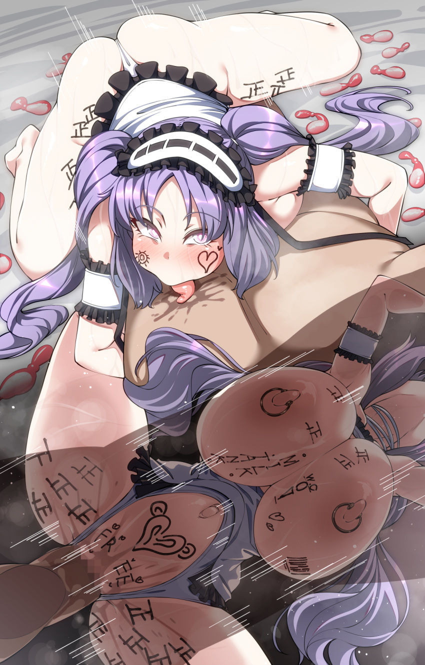 1boy 1girl alternate_breast_size body_writing bodysuit breasts doggystyle fate/hollow_ataraxia fate_(series) highres huge_breasts konoshige_(ryuun) licking licking_nipple nipple_piercing penis piercing purple_eyes purple_hair pussy_juice sex sex_from_behind stheno_(fate) tally twintails vaginal