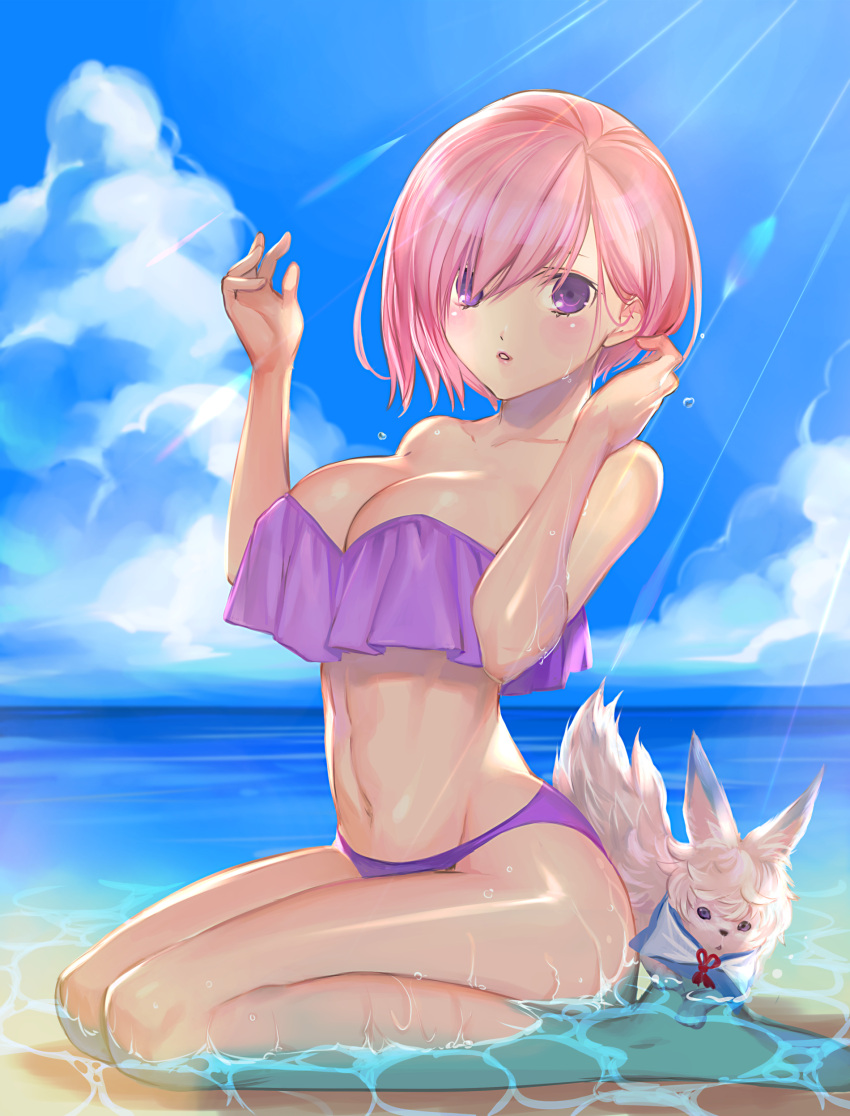 1girl 1other absurdres alternate_costume bangs beach bikini blue_sky blush breasts cleavage collarbone commentary_request creature day fate/grand_order fate_(series) fou_(fate) hair_between_eyes highres in_water large_breasts light_purple_hair lips looking_at_viewer mash_kyrielight navel ocean outdoors parted_lips pink_lips purple_bikini purple_eyes purple_swimsuit ri-ko sand seiza short_hair sitting sky strapless strapless_bikini sunlight swimsuit water wet