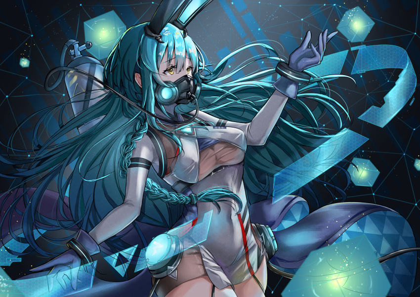 1girl absurdres animal_ears aqua_hair azur_lane blue_gloves bodysuit boise_(azur_lane) braid breasts covered_mouth cube fake_animal_ears garter_straps gloves highres long_hair mechanical_ears medium_breasts oxygen_mask oxygen_tank rabbit_ears scuba_tank see-through solo very_long_hair xstetra_(esxty) yellow_eyes