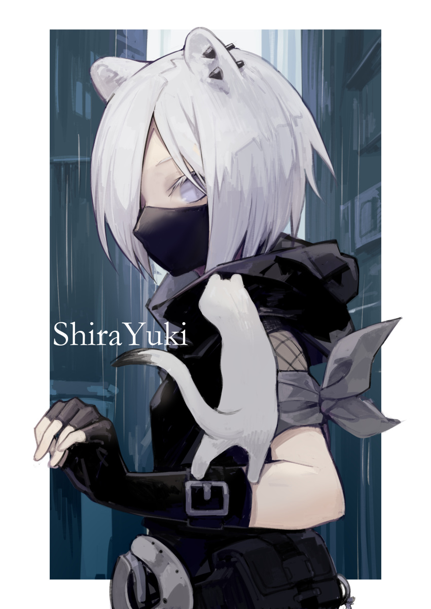 1girl absurdres animal animal_on_arm arknights armband black_gloves blue_eyes border character_name commentary ear_piercing fingerless_gloves fishnet_sleeves from_side gloves highres looking_at_viewer mask miike_(992058) mouth_mask outside_border piercing shirayuki_(arknights) short_hair sideways_glance solo stoat stoat_ears upper_body white_border white_hair