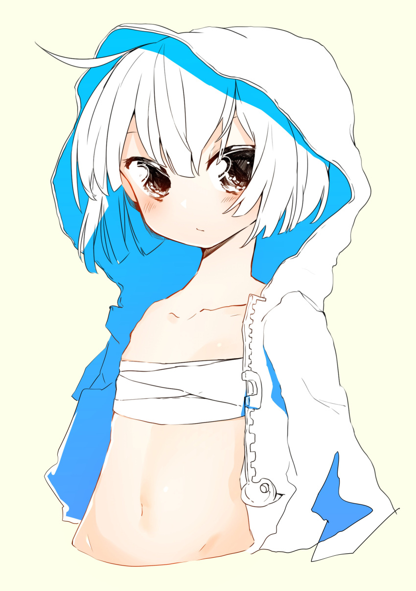 1girl absurdres ahoge bob_cut brown_eyes budget_sarashi closed_mouth colored_inner_hair copyright_request flat_chest highres hood hood_up looking_at_viewer multicolored_hair navel niwarhythm sarashi short_hair simple_background solo white_hair yellow_background