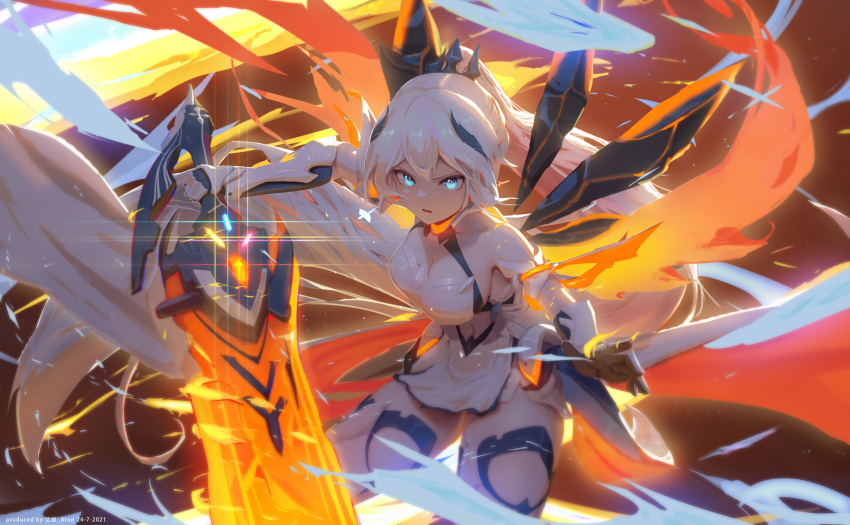 1girl :o armor aton_(user_kufr5245) bangs bare_shoulders blue_eyes blue_fire boots breasts cleavage fire flaming_sword flaming_weapon gauntlets glowing glowing_sword glowing_weapon hair_between_eyes hair_ornament highres holding holding_sword holding_weapon honkai_(series) honkai_impact_3rd kiana_kaslana kiana_kaslana_(herrscher_of_flamescion) looking_at_viewer open_mouth ponytail solo sword thigh_boots thighhighs weapon white_footwear white_hair
