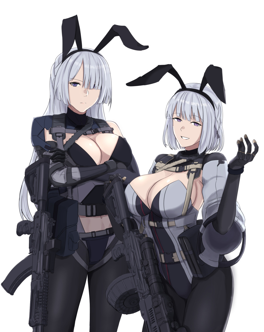 2girls ak-15 ak-15_(girls'_frontline) animal_ears assault_rifle black_legwear black_leotard black_pants braid breasts cyka fake_animal_ears girls'_frontline gun hair_over_one_eye highres kalashnikov_rifle large_breasts leotard light_machine_gun long_hair multiple_girls pants pantyhose purple_eyes rabbit_ears rifle rpk-16 rpk-16_(girls'_frontline) short_hair silver_hair weapon