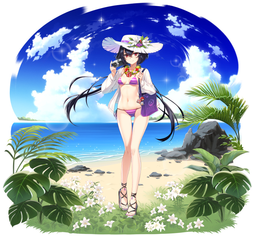 1girl absurdres alpha_transparency bag bare_legs beach bikini black_hair breasts camera cloud counter_side downscaled floating_hair flower flower_necklace full_body hair_between_eyes hand_up hat hat_flower highres holding huge_filesize jacket jewelry lily_(counter_side) long_hair long_sleeves looking_at_viewer low_twintails medium_breasts navel necklace ocean official_art open_clothes open_jacket purple_bikini red_eyes resized sandals shoulder_bag side-tie_bikini smile solo standing stomach string_bikini sun_hat swimsuit thigh_gap thighs transparent_background twintails very_long_hair white_headwear white_jacket
