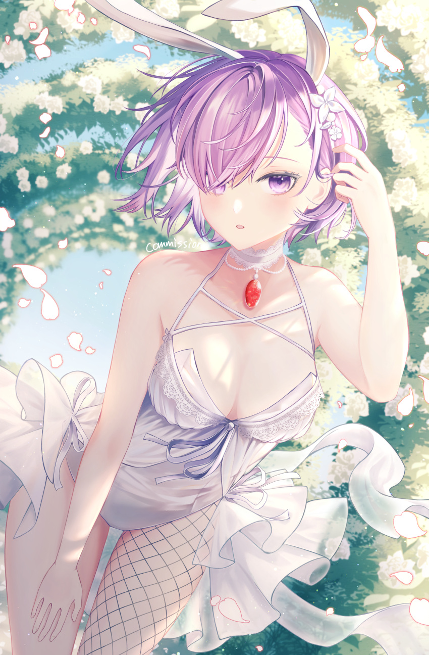 1girl :o absurdres adjusting_hair animal_ears arch bare_arms bare_shoulders blush breasts cleavage collarbone commentary_request commission cowboy_shot day dutch_angle fake_animal_ears fate/grand_order fate_(series) fishnet_legwear fishnets flower gem hair_flower hair_ornament hair_over_one_eye hand_up highres jewelry leaning_forward leotard looking_at_viewer mash_kyrielight medium_breasts miniskirt necklace outdoors parted_lips petals purple_eyes purple_hair rabbit_ears ruby_(gemstone) short_hair showgirl_skirt skeb_commission skirt solo tobi_(pixiv41237754) white_flower white_leotard white_skirt