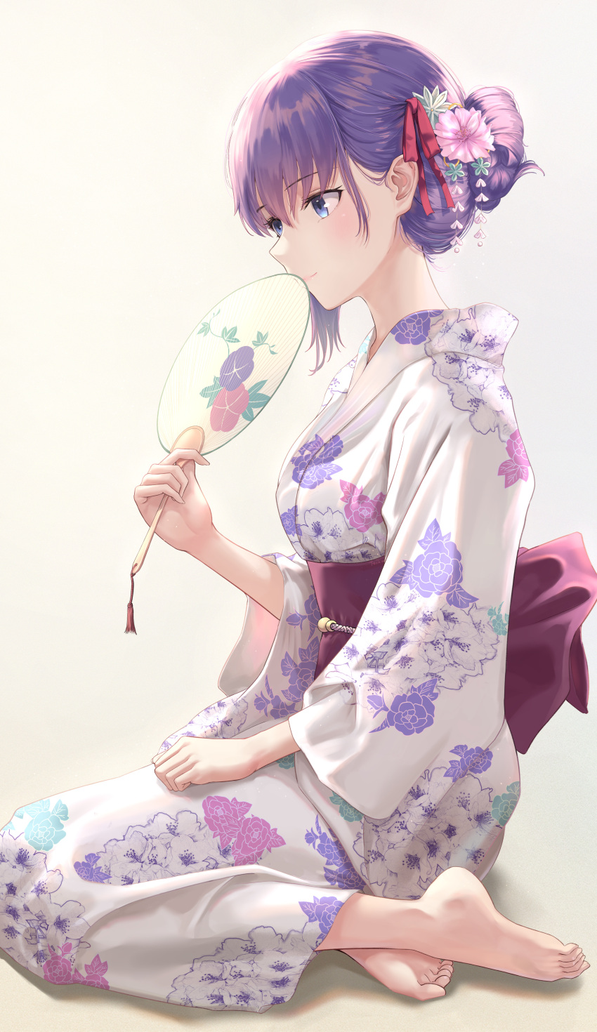 1girl absurdres bangs barefoot blue_eyes blush closed_mouth eyebrows_visible_through_hair fate/stay_night fate_(series) floral_print flower full_body gradient gradient_background hair_bun hair_flower hair_ornament hair_ribbon hand_fan highres holding holding_fan japanese_clothes kimono long_sleeves matou_sakura obi paper_fan pink_flower print_kimono purple_hair red_ribbon ribbon sash short_hair sitting smile solo tassel tooku0 uchiwa white_background white_kimono wide_sleeves yokozuwari yukata