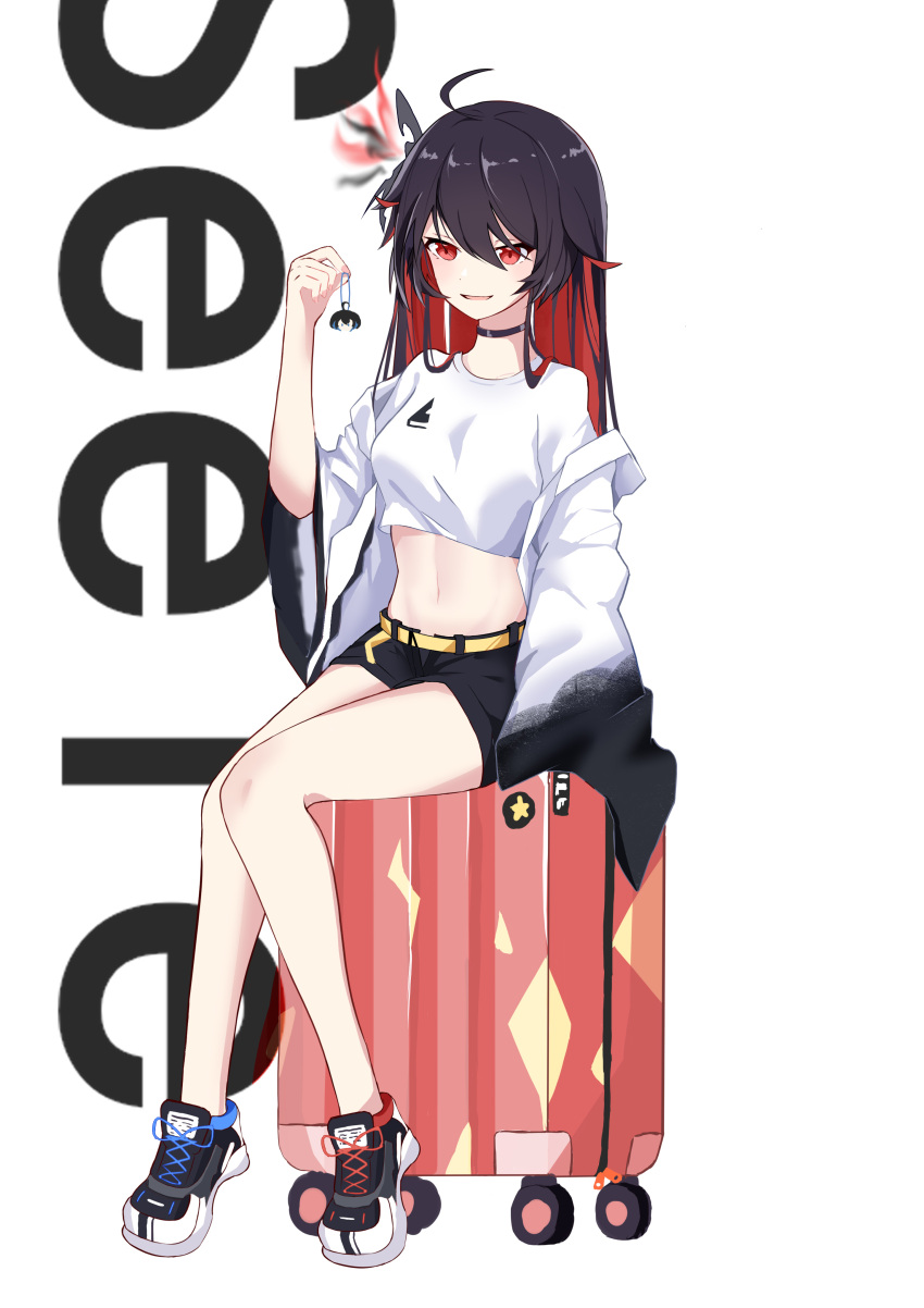 1girl :d absurdres antenna_hair bangs belt black_shorts character_name full_body hair_between_eyes hair_ornament highres holding honkai_(series) honkai_impact_3rd jacket keychain long_hair long_sleeves luggage open_mouth seele_(alter_ego) seele_vollerei shirt shoes shorts simple_background sitting smile sneakers solo sozha white_background white_jacket white_shirt