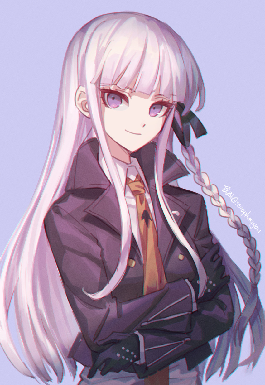 1girl bangs black_gloves black_ribbon blunt_bangs braid breasts collared_shirt commentary_request crossed_arms danganronpa:_trigger_happy_havoc danganronpa_(series) ewa_(seraphhuiyu) gloves hair_ornament hair_ribbon highres jacket kirigiri_kyouko long_hair looking_at_viewer medium_breasts necktie open_clothes open_jacket orange_neckwear pink_background purple_eyes purple_jacket ribbon shirt silver_hair simple_background single_braid skirt smile solo standing upper_body