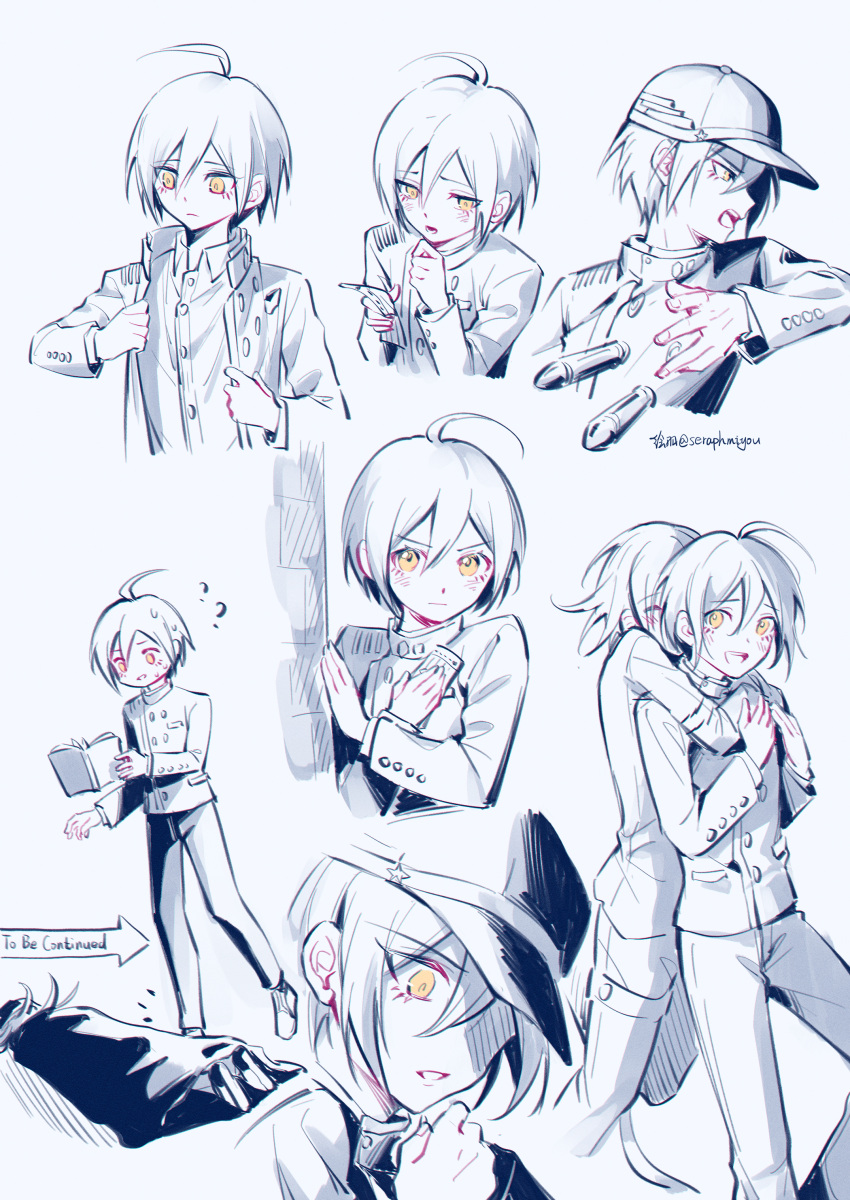 2boys :d absurdres ahoge artist_name bangs book bullet buttons cape commentary_request danganronpa_(series) danganronpa_v3:_killing_harmony dress_shirt dressing ewa_(seraphhuiyu) face flying_sweatdrops hat highres holding hug hug_from_behind long_sleeves male_focus multiple_boys multiple_views open_book open_mouth ouma_kokichi saihara_shuuichi shirt short_hair simple_background sketch smile spot_color teeth to_be_continued upper_body yellow_eyes