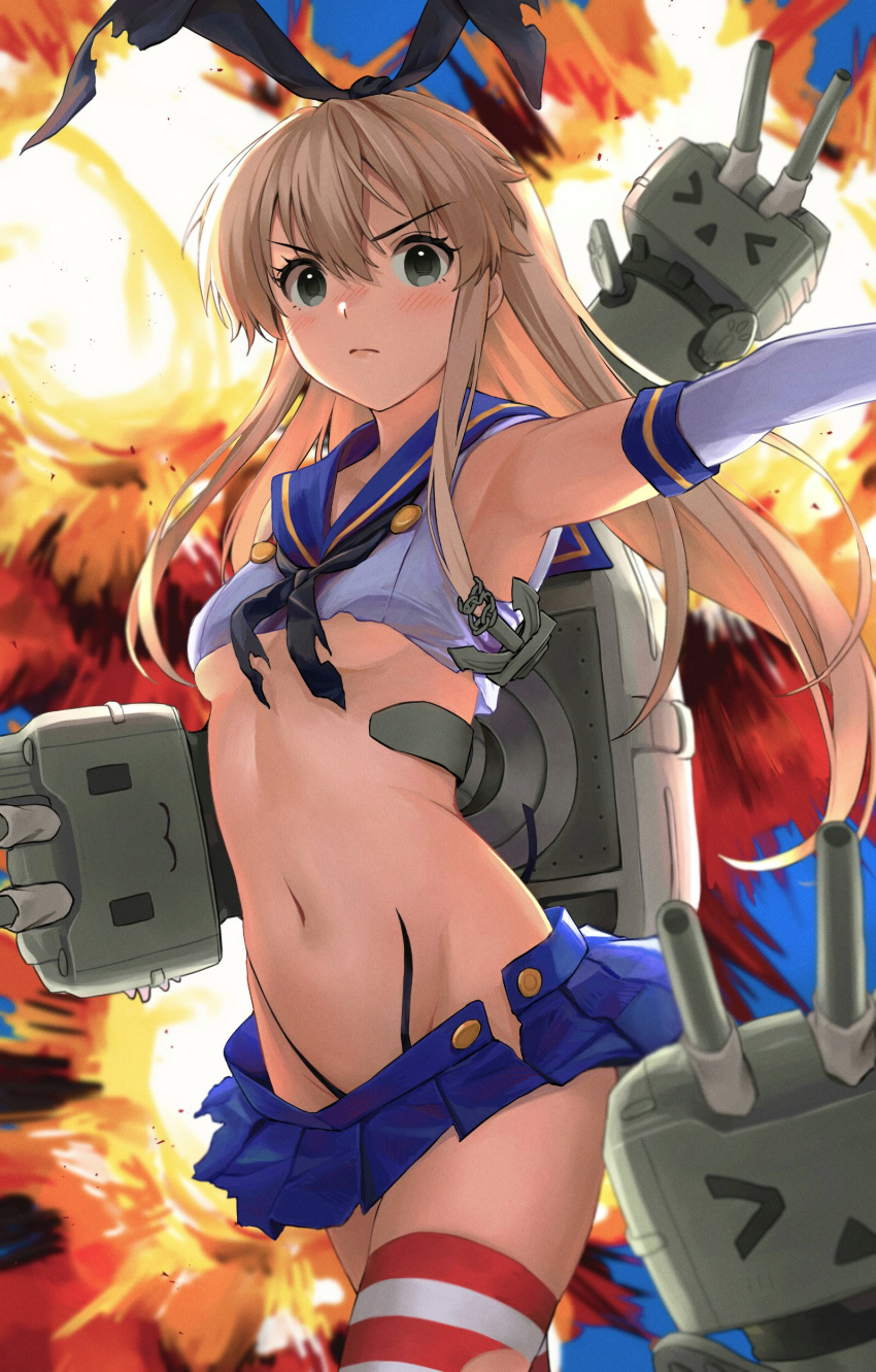 &gt;_&lt; 1girl absurdres anchor_hair_ornament bangs black_eyes black_neckwear black_panties blonde_hair blue_sailor_collar blue_skirt blush breasts closed_mouth crop_top elbow_gloves explosion eyebrows_visible_through_hair gloves hair_between_eyes hair_ornament hairband highleg highleg_panties highres holding kantai_collection kirarin369 long_hair midriff miniskirt multicolored_hair navel neck_ribbon panties rensouhou-chan ribbon sailor_collar school_uniform serafuku shimakaze_(kancolle) sidelocks skirt sleeveless small_breasts striped thighhighs torn_clothes torn_legwear torn_panties underboob underwear white_gloves