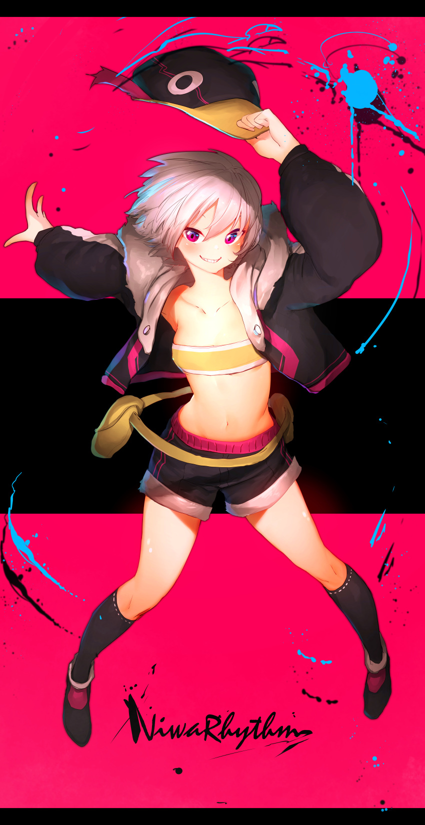 1girl absurdres bandeau black_footwear black_jacket black_legwear black_shorts blush full_body grey_hair grin hair_between_eyes hand_up hat highres holding holding_clothes holding_hat huge_filesize jacket letterboxed long_sleeves looking_at_viewer navel niwamaru_(niwarhythm) niwarhythm open_clothes open_jacket original pink_eyes shoes short_shorts shorts smile socks solo strapless tubetop