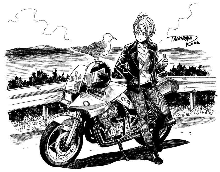 1girl :t against_vehicle bird closed_mouth eating greyscale ground_vehicle guard_rail hand_in_pocket headwear_removed helmet helmet_removed idolmaster idolmaster_cinderella_girls idolmaster_cinderella_girls_starlight_stage jacket jewelry kimura_natsuki leaning_back monochrome motor_vehicle motorcycle motorcycle_helmet necklace open_clothes open_jacket pants seagull shirt shoes short_hair signature solo tachibana_roku