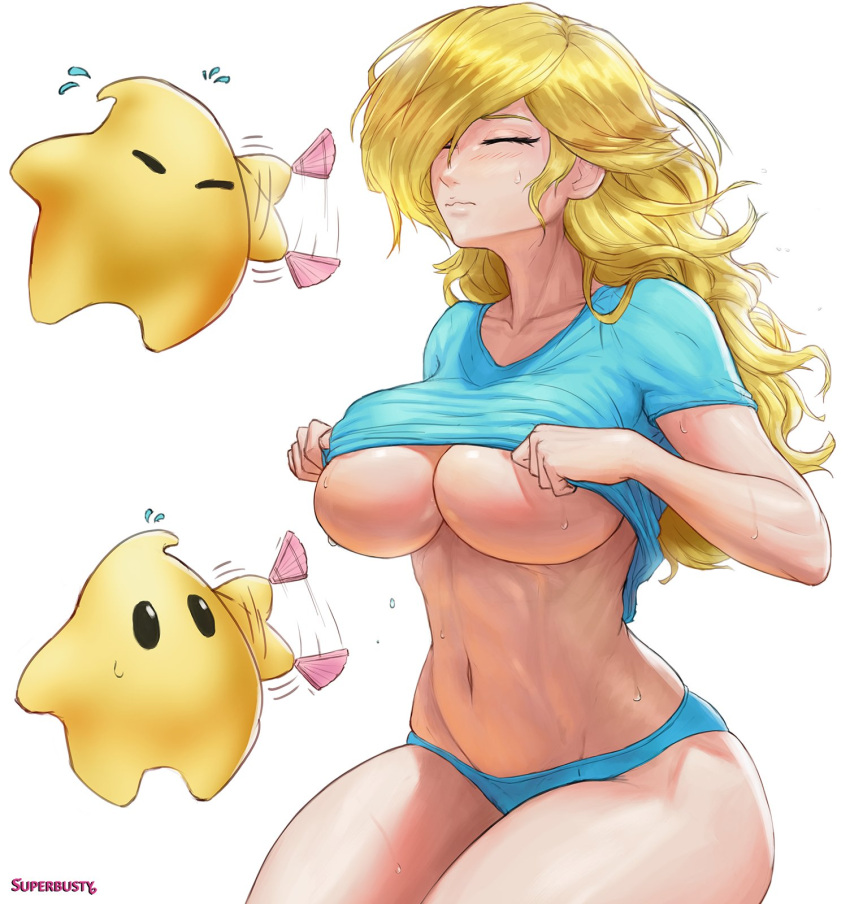 1girl areola_slip areolae artist_name blonde_hair blue_panties breasts closed_eyes clothes_lift collarbone fanning hair_over_one_eye hand_on_own_chest highres large_breasts long_hair luma_(mario) mario_(series) muscular muscular_female navel panties rosalina shirt_lift sitting solo star_(symbol) super_mario_odyssey superbusty sweat thighs underwear undressing wavy_hair wavy_mouth white_background