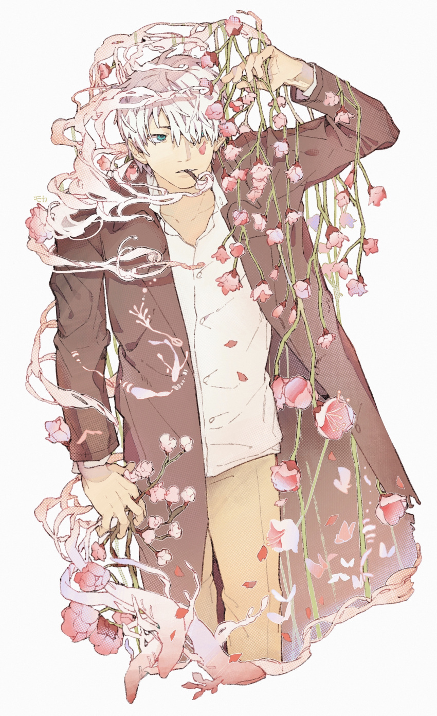 1boy absurdres branch brown_jacket brown_pants cigarette cowboy_shot cropped_legs daruma_owl flower ginko green_eyes grey_background hair_over_one_eye hand_up highres jacket long_sleeves male_focus mushi_(mushishi) mushishi pants petals shirt short_hair simple_background smoke smoking solo white_hair white_shirt