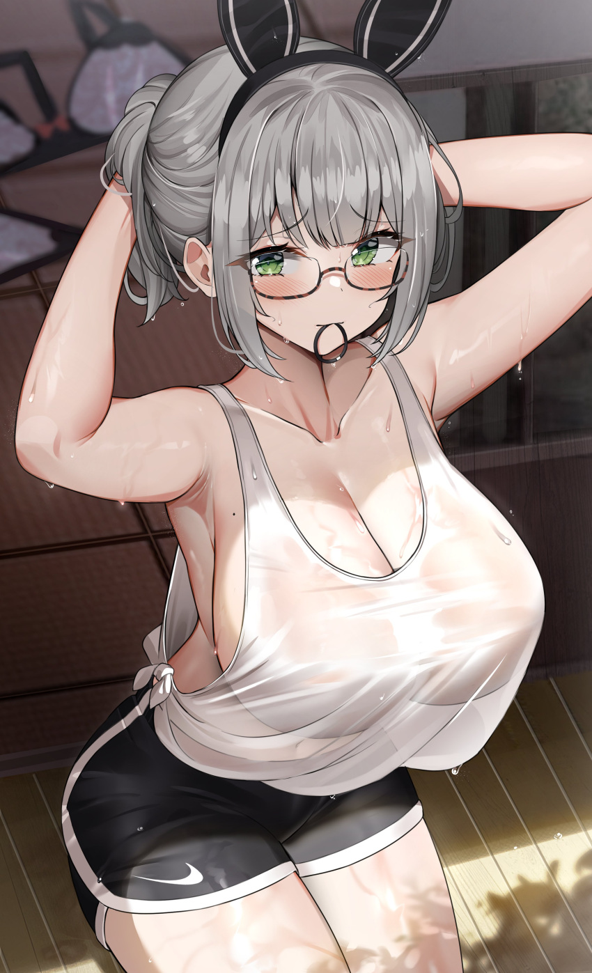 1girl absurdres animal_ears arms_behind_head arms_up bangs black_hairband black_shorts blush bra bra_removed braid breasts cleavage cowboy_shot dolphin_shorts eyebrows_visible_through_hair fake_animal_ears glasses green_eyes hair_tie_in_mouth hairband highres hololive kuse_(0201) large_breasts looking_at_viewer mole mole_on_breast mouth_hold nike rabbit_ears see-through semi-rimless_eyewear shirogane_noel shirt short_hair short_shorts shorts side-tie_shirt simple_background sitting solo standing sweat symbol-only_commentary tied_shirt tying_hair underwear virtual_youtuber wet wet_clothes wet_shirt white_shirt wooden_floor