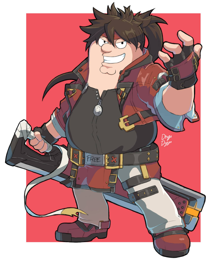 1boy belt_buckle big_belly black_eyes black_gloves boots border brown_hair buckle cosplay double_chin drogo_doggo english_commentary family_guy fat fat_man fewer_digits fingerless_gloves full_body gloves grin guilty_gear guilty_gear_strive headband highres holding holding_sword holding_weapon junkyard_dog_mk_iii long_hair looking_at_viewer male_focus pants parody peter_griffin ponytail pun red_background red_footwear red_headband red_vest reverse_grip signature smile sol_badguy sol_badguy_(cosplay) solo sword vest weapon white_border zipper_pull_tab