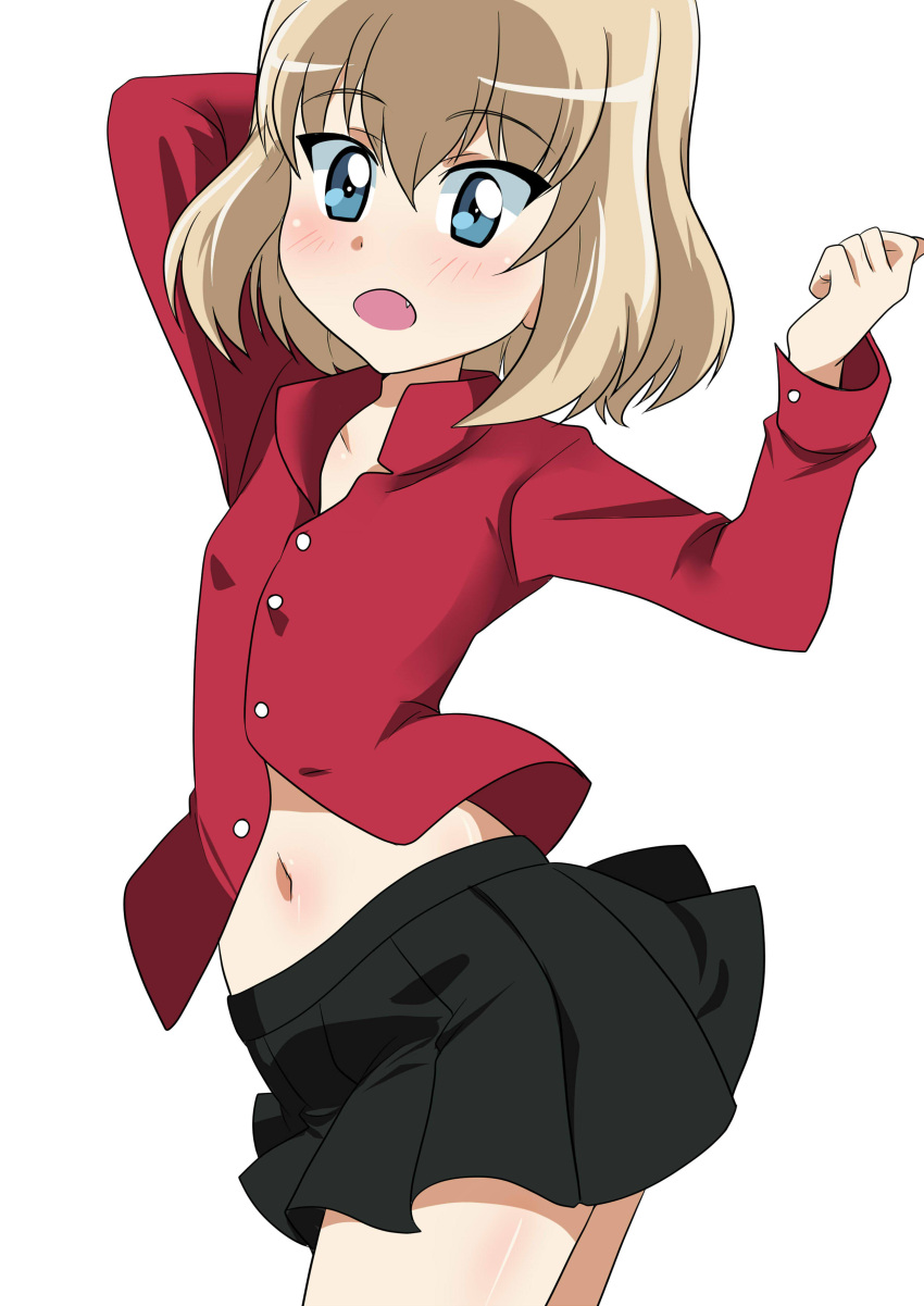 1girl absurdres arm_behind_head arm_up bangs black_skirt blonde_hair blue_eyes blush bob_cut cowboy_shot eyebrows_visible_through_hair fang girls_und_panzer highres katyusha_(girls_und_panzer) looking_at_viewer midriff miniskirt navel open_mouth pleated_skirt pravda_school_uniform red_shirt school_uniform shirt short_hair simple_background skirt solo standing turtleneck unbuttoned unbuttoned_shirt wakku_kan white_background