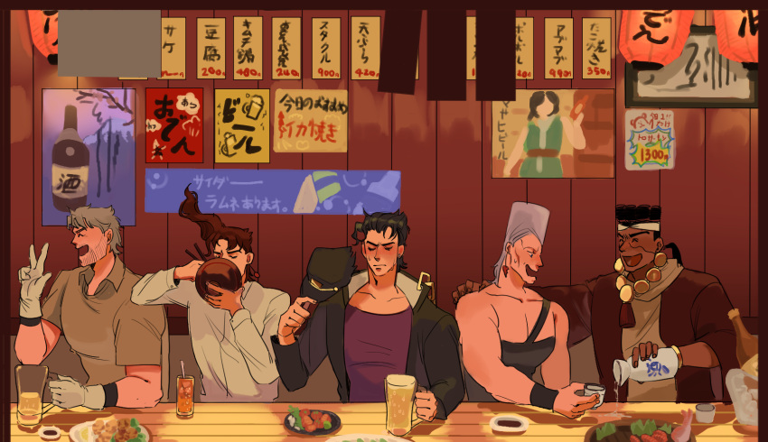 5boys alcohol bar bare_shoulders beer_mug black_hair cup drunk hat hat_removed headwear_removed highres indoors iq230230 izakaya jean_pierre_polnareff jojo_no_kimyou_na_bouken joseph_joestar joseph_joestar_(old) kakyoin_noriaki kujo_jotaro long_sleeves male_cleavage male_focus mohammed_avdol mug multiple_boys muscular muscular_male poster_(object) sake silver_hair single_strap stardust_crusaders