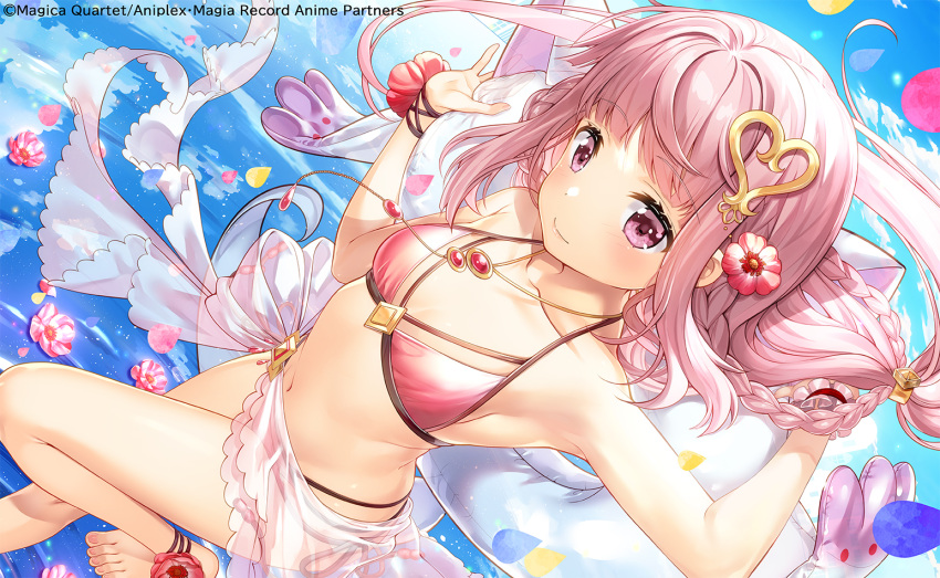 1girl aniplex ankle_flower armpits arms_up bangs bare_arms bare_legs barefoot beads bikini blue_sky blunt_bangs bow braid breasts camellia closed_mouth cloud cloudy_sky collarbone corsage day dot_nose dutch_angle eyebrows_visible_through_hair floating_hair flower foot_out_of_frame foot_up from_above fujima_takuya glint hair_flower hair_ornament hair_tubes halterneck heart heart_hair_ornament jewelry lens_flare lifebuoy light_particles light_smile long_hair looking_up low-tied_long_hair low_ponytail low_twin_braids magia_record:_mahou_shoujo_madoka_magica_gaiden mahou_shoujo_madoka_magica navel necklace pink_bikini pink_eyes pink_hair ripples sarong shiny shiny_hair side-tie_bikini sideboob sidelocks sky small_breasts solo soul_gem standing standing_on_one_leg stomach string_bikini swimsuit tamaki_iroha twin_braids very_long_hair wading waist_bow water wrist_cuffs wrist_flower
