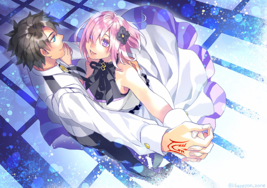 1boy 1girl alternate_costume bare_shoulders black_flower black_hair black_neckwear black_pants blue_eyes closed_mouth command_spell commentary_request dancing dress fate/grand_order fate_(series) fingernails flower formal fujimaru_ritsuka_(male) hair_flower hair_ornament hand_on_another's_back highres holding_hands hug indoors light_particles light_purple_hair lips long_sleeves looking_at_another mash_kyrielight minami_seira official_alternate_costume pants pink_lips purple_eyes short_hair sleeveless sleeveless_dress smile suit under_the_same_sky vest waltz_(dance) white_dress white_suit white_vest wrist_cuffs