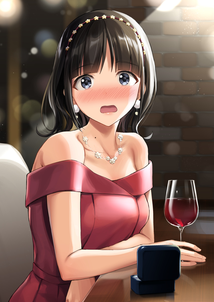 1girl alcohol bangs bare_shoulders black_hair blush breasts brick_wall collarbone cup dress drinking_glass eyebrows_visible_through_hair grey_eyes highres indoors long_hair looking_at_viewer medium_breasts mole mole_on_neck nijisanji nose_blush off-shoulder_dress off_shoulder oimo open_mouth red_dress ring_box sitting solo suzuka_utako table virtual_youtuber wavy_mouth wine wine_glass