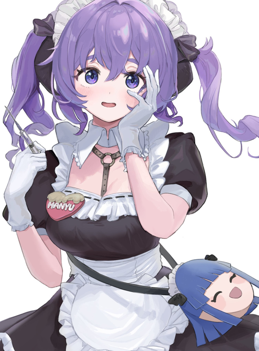 1girl alternate_hairstyle bag bangs black_bow black_dress blush bow character_name closed_eyes detached_collar dress frilled_gloves frills furude_rika gloves hair_bow hand_on_own_cheek hand_on_own_face hanyuu heart highres higurashi_no_naku_koro_ni holding holding_syringe horns looking_at_viewer maid maid_headdress name_tag oici_ne open_mouth puffy_short_sleeves puffy_sleeves purple_eyes purple_hair short_sleeves smile solo standing sweatdrop syringe twintails white_background white_gloves