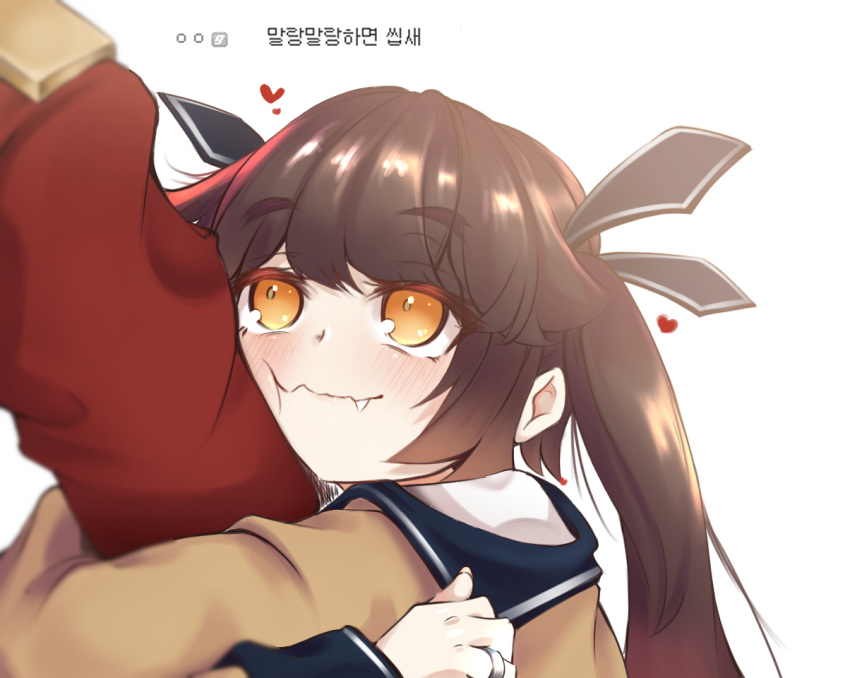1girl 1other arm_hug black_hair blush cheek_press commander_(girls'_frontline) commentary_request eyebrows_visible_through_hair fang gamgyul_mat_keurim girls'_frontline hair_ribbon heart jewelry long_hair long_sleeves looking_up m14_(girls'_frontline) ribbon ring shiny shiny_hair simple_background smile solo_focus thick_eyebrows translation_request twintails wavy_mouth wedding_band white_background yellow_eyes