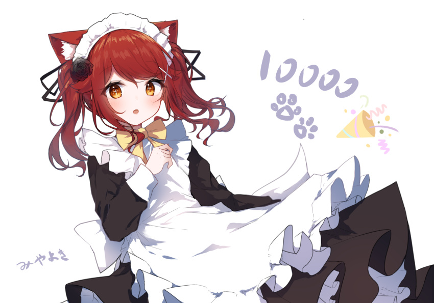 1girl :o animal_ears apron black_dress black_flower black_ribbon black_rose bow brown_eyes cat_ears commentary_request copyright_request dress flower frilled_apron frills guo582 hair_flower hair_ornament hair_ribbon highres long_sleeves looking_at_viewer maid maid_apron maid_headdress parted_lips party_popper red_hair ribbon rose simple_background solo translation_request twintails white_apron white_background yellow_bow